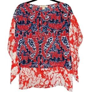 Michael Kors Boho Paisley Poncho Blouse Red Navy Blue Floral Small/Medium